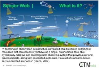 Sensor Web |                                       What is it?




“A coordinated observation infrastructure composed of a distributed collection of
resources that can collectively behave as a single, autonomous, task-able,
dynamically adaptive and reconfigurable observing system that provides raw and
processed data, along with associated meta-data, via a set of standards-based
service-oriented interfaces.” (Glenn, 2007)
 25   © 2007-2012 Creative Arts & Technologies
 