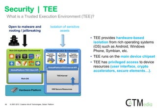 Security | TEE
 What is a Trusted Execution Environment (TEE)?

     Open to malware and                                 Isolation of sensitive
     rooting / jailbreaking                                      assets

                                                                                              • TEE provides hardware-based
                                                                                                isolation from rich operating systems
                                                                                                (OS) such as Android, Windows
     Rich OS Application Environment                Trusted Execution Environment               Phone, Symbian, etc.
                                                     Trusted       Trusted        Trusted
                                                    Application
                                                       DRM
                                                                  Application
                                                                   Payment
                                                                   Payment
                                                                                Application
                                                                                 Corporate
                                                                                Corporate     • TEE runs on the main device chipset
           Client Applications
                                                                                              • TEE has privileged access to device
                                                                                 API
                                                      GlobalPlatformTEE Internal API            resources (user interface, crypto
      GlobalPlatform TEE Client API
                                                                                                accelerators, secure elements…).
                                                        Trusted Core     Trusted
                                                        Environment Kernel
                                                                TEE     Functions
                   Rich OS




                                                           HW Secure Resources
                Hardware Platform




48   © 2007-2012 Creative Arts & Technologies, Global Platform
 