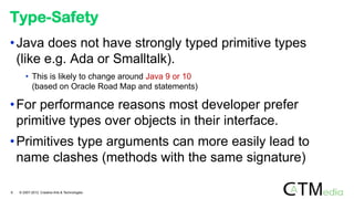 Type-Safety
•Java does not have strongly typed primitive types
(like e.g. Ada or Smalltalk).
• This is likely to change around Java 9 or 10
(based on Oracle Road Map and statements)
•For performance reasons most developer prefer
primitive types over objects in their interface.
•Primitives type arguments can more easily lead to
name clashes (methods with the same signature)
6 © 2007-2012 Creative Arts & Technologies
 