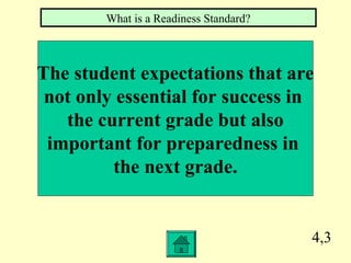 4,3
The student expectations that are
not only essential for success in
the current grade but also
important for preparedness in
the next grade.
What is a Readiness Standard?
 