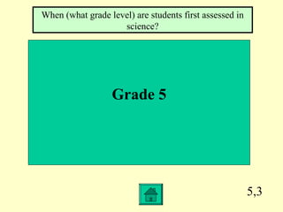 5,3
Grade 5
When (what grade level) are students first assessed in
science?
 