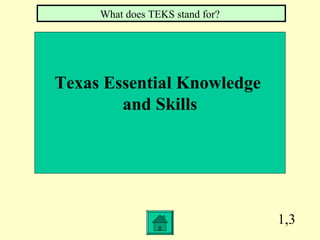 1,3
Texas Essential Knowledge
and Skills
What does TEKS stand for?
 