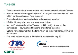 9 CBRE DCS PRESENTATION
TIA-942B
▪ Telecommunications Infrastructure recommendations for Data Centers
▪ Had an infrastruct...