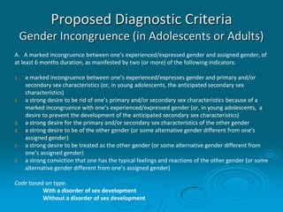 Proposed Diagnostic Criteria
Gender Incongruence (in Adolescents or Adults)
A. A marked incongruence between one’s experienced/expressed gender and assigned gender, of
at least 6 months duration, as manifested by two (or more) of the following indicators:
1. a marked incongruence between one’s experienced/expresses gender and primary and/or
secondary sex characteristics (or, in young adolescents, the anticipated secondary sex
characteristics)
2. a strong desire to be rid of one’s primary and/or secondary sex characteristics because of a
marked incongruence with one’s experienced/expressed gender (or, in young adolescents, a
desire to prevent the development of the anticipated secondary sex characteristics)
3. a strong desire for the primary and/or secondary sex characteristics of the other gender
4. a strong desire to be of the other gender (or some alternative gender different from one’s
assigned gender)
5. a strong desire to be treated as the other gender (or some alternative gender different from
one’s assigned gender)
6. a strong conviction that one has the typical feelings and reactions of the other gender (or some
alternative gender different from one’s assigned gender)
Code based on type:
With a disorder of sex development
Without a disorder of sex development
 
