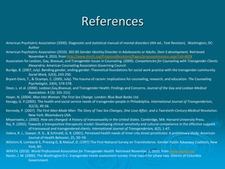 References
American Psychiatric Association (2000). Diagnostic and statistical manual of mental disorders (4th ed., Text Revision). Washington, DC:
Author
American Psychiatric Association (2010). 302.85 Gender Identity Disorder in Adolescents or Adults. Dsm-5 development. Retrieved
November 4, 2010, from http://www.dsm5.org/ProposedRevisions/Pages/proposedrevision.aspx?rid=482#
Association for Lesbian, Gay, Bisexual, and Transgender Issues in Counseling. (2009). Competencies for Counseling with Transgender Clients.
Alexandria: American Counseling Association Governing Council.
Burdge, B. (2007, July). Bending gender, ending gender: Theoretical foundations for social work practice with the transgender community.
Social Work, 52(3), 243-250.
Bryant-Davis, T., & Ocampo, C. (2005, July). The trauma of racism: Implications for counseling, research, and education. The Counseling
Psychologist, 33(4), 574-578.
Dean, L. et al. (2000). Lesbian,Gay,Bisexual, and Transgender Health: Findings and Concerns. Journal of the Gay and Lesbian Medical
Association. 4 (3): 101-151)
Hoyer, N. (2004). Man into Woman: The First Sex Change. London: Blue Boat Books Ltd.
Kenagy, G. P.(2005). The health and social service needs of transgender people in Philadelphia. International Journal of Transgenderism,
3(2/3), 49-56.
Kennedy, P. (2007). The First Man-Made Man: The Story of Two Sex Changes, One Love Affair, and a Twentieth-Century Medical Revolution.
New York: Bloomsbury USA.
Meyerowitz, J. (2002). How sex changed: A history of transsexuality in the United States. Cambridge, MA: Harvard University Press.
Raj, R. (2002). Towards a transpositive therapeutic model: Developing clinical sensitivity and cultural competence in the effective support
of transsexual and transgendered clients. International Journal of Transgenderism, 6(2), 1-47.
Valera, R. J., Sawyer, R. G., & Schiraldi, G. R. (2001). Perceived health needs of inner-city street prostitutes: A preliminary study. American
Journal of Health Behavior, 25, 50–59.
Wilchins R, Lombardi E, Priesing D, & Malouf, D. (1997) The First National Survey on TransViolence. Gender Public Advocacy Coalition, New
York, NY.
WPATH. (2010). World Professional Association for Transgender Health. Retrieved November 2, 2010, from www.wpath.org
Xavier, J. M. (2000). The Washington D.C. transgender needs assessment survey: Final report for phase two. District of Columbia
Government.
 