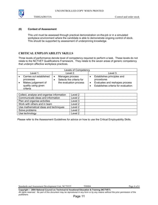 UNCONTROLLED COPY WHEN PRINTED
THHGAD0153A Control and order stock
Standards and Assessment Development Unit, NCTVET THH04 Page 4 of 4
Copyright  2004 National Council on Technical & Vocational Education & Training (NCTVET)
All rights reserved. No part of this document may be reproduced in any form or by any means without the prior permission of the
publishers.
(6) Context of Assessment
This unit must be assessed through practical demonstration on-the-job or in a simulated
workplace environment where the candidate is able to demonstrate ongoing control of stock.
This should be supported by assessment of underpinning knowledge.
CRITICAL EMPLOYABILITY SKILLS
Three levels of performance denote level of competency required to perform a task. These levels do not
relate to the NCTVET Qualifications Framework. They relate to the seven areas of generic competency
that underpin effective workplace practices.
Levels of Competency
Level 1. Level 2. Level 3.
• Carries out established
processes
• Makes judgement of
quality using given
criteria
• Manages process
• Selects the criteria for
the evaluation process
• Establishes principles and
procedures
• Evaluates and reshapes process
• Establishes criteria for evaluation
Collect, analyse and organise information Level 2
Communicate ideas and information Level 2
Plan and organise activities Level 3
Work with others and in team Level 2
Use mathematical ideas and techniques Level 2
Solve problems Level 2
Use technology Level 2
Please refer to the Assessment Guidelines for advice on how to use the Critical Employability Skills.
Page 11
 