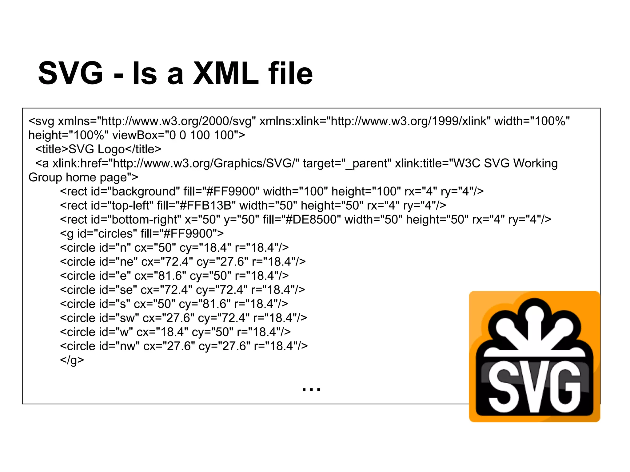 SVG - Is a XML file
<svg xmlns="http://www.w3.org/2000/svg" xmlns:xlink="http://www.w3.org/1999/xlink" width="100%"
height="100%" viewBox="0 0 100 100">
<title>SVG Logo</title>
<a xlink:href="http://www.w3.org/Graphics/SVG/" target="_parent" xlink:title="W3C SVG Working
Group home page">
<rect id="background" fill="#FF9900" width="100" height="100" rx="4" ry="4"/>
<rect id="top-left" fill="#FFB13B" width="50" height="50" rx="4" ry="4"/>
<rect id="bottom-right" x="50" y="50" fill="#DE8500" width="50" height="50" rx="4" ry="4"/>
<g id="circles" fill="#FF9900">
<circle id="n" cx="50" cy="18.4" r="18.4"/>
<circle id="ne" cx="72.4" cy="27.6" r="18.4"/>
<circle id="e" cx="81.6" cy="50" r="18.4"/>
<circle id="se" cx="72.4" cy="72.4" r="18.4"/>
<circle id="s" cx="50" cy="81.6" r="18.4"/>
<circle id="sw" cx="27.6" cy="72.4" r="18.4"/>
<circle id="w" cx="18.4" cy="50" r="18.4"/>
<circle id="nw" cx="27.6" cy="27.6" r="18.4"/>
</g>
...
 