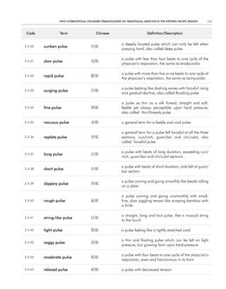 WHO InternatIOnal Standard termInOlOgIeS On tradItIOnal medIcIne In tHe WeStern PacIfIc regIOn    103



 code             term                    chinese                            definition/description


                                                            a deeply located pulse which can only be felt when
2.4.30   sunken pulse                  沈脈
                                                            pressing hard, also called deep pulse

                                                            a pulse with less than four beats to one cycle of the
2.4.31   slow pulse                    遲脈
                                                            physician’s respiration, the same as bradycardia

                                                            a pulse with more than five or six beats to one cycle of
2.4.32   rapid pulse                   數脈
                                                            the physician’s respiration, the same as tachycardia

                                                            a pulse beating like dashing waves with forceful rising
2.4.33   surging pulse                 洪脈
                                                            and gradual decline, also called flooding pulse

                                                            a pulse as thin as a silk thread, straight and soft,
2.4.34   fine pulse                    細脈                   feeble yet always perceptible upon hard pressure,
                                                            also called thin/thready pulse

2.4.35   vacuous pulse                 虛脈                   a general term for a feeble and void pulse

                                                            a general term for a pulse felt forceful at all the three
2.4.36   replete pulse                 實脈                   sections, cun/inch, guan/bar and chi/cubit, also
                                                            called forceful pulse

                                                            a pulse with beats of long duration, exceeding cun/
2.4.37   long pulse                    長脈
                                                            inch, guan/bar and chi/cubit sections

                                                            a pulse with beats of short duration, only felt at guan/
2.4.38   short pulse                   短脈
                                                            bar section

                                                            a pulse coming and going smoothly like beads rolling
2.4.39   slippery pulse                滑脈
                                                            on a plate

                                                            a pulse coming and going unsmoothly with small,
2.4.40   rough pulse                   澁脈                   fine, slow joggling tempo like scraping bamboo with
                                                            a knife

                                                            a straight, long and taut pulse, like a musical string
2.4.41   string-like pulse             弦脈
                                                            to the touch

2.4.42   tight pulse                   緊脈                   a pulse feeling like a tightly stretched cord

                                                            a thin and floating pulse which can be felt on light
2.4.43   soggy pulse                   濡脈
                                                            pressure, but growing faint upon hard pressure

                                                            a pulse with four beats to one cycle of the physician’s
2.4.44   moderate pulse                緩脈
                                                            respiration, even and harmonious in its form

2.4.45   relaxed pulse                 緩脈                   a pulse with decreased tension
 