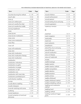 WHO InternatIOnal Standard termInOlOgIeS On tradItIOnal medIcIne In tHe WeStern PacIfIc regIOn      317


 term                                code         Page               term                                  code          Page

mountain-burning fire method          5.1.149        244            mutual inhibition                        6.1.37        257

mouth odor                              2.2.26        88            mutual reinforcement                     6.1.33        257

move qi                                 4.2.88       212            mutual restraint                         6.1.35        257

move qi to relieve pain               4.2.166        218            mutual rooting of yin and yang           1.1.14         14

move qi to soothe the chest           4.2.167        218            mutual suppression                       6.1.36        257

move qi to soothe the middle          4.2.165        217            mysterious mansion                         1.5.4        35

moving impediment                     3.1.181        175
                                                                    n
moxa                                     5.2.2       251

moxa burner                             5.2.31       253            nasal boil                               3.6.14        199
moxa burner moxibustion                 5.2.32       253            nasal congestion                        2.3.113         95
moxa cone                                5.2.4       251            nasal polyp                              3.6.19        199
moxa cone moxibustion                    5.2.5       251            nasal sore                               3.6.16        199
moxa floss                               5.2.3       251            nasal vestibulitis                        3.6.16       199
                                       5.2.12,
moxa roll                                            252            nasopharynx                              1.5.65         39
                                       5.2.15
                                                                    natural flux of yin and yang              1.1.15        14
moxa roll moxibustion                   5.2.16       252
                                                                    natural life span                        1.8.16         77
moxa stick                              5.2.12       252
                                                                    natural moxibustion                      5.2.26        253
moxa stick moxibustion                  5.2.13       252
                                                                    nature of disease                          1.7.4        46
moxa stick moxibustion therapy          5.2.14       252
                                                                    nature of medicinals                     6.1.27        256
moxa-stick moxibustion                  5.2.16       252
                                                                    nausea                                  2.3.130         96
moxibustion                              5.2.1       251
                                                                    needle breakage                         5.1.198        248
moxibustion indications                 5.2.37       253
                                                                    needle insertion                         5.1.99        240
moxibustion on garlic                   5.2.11       252
                                                                    needle insertion method                 5.1.100        240
moxibustion on ginger                    5.2.9       254
                                                                    needle manipulation                     5.1.125        242
moxibustion on salt                     5.2.10       251
                                                                    needle retention                        5.1.185        247
moxibustion scar                        5.2.21       252
                                                                    needle sensation                        5.1.115        241
moxibustion with moxa tube              5.2.33       253
                                                                    needle sickness                         5.1.196        248
moxibustion-prohibited point            5.2.39       254
                                                                    needle withdrawal                       5.1.194        248
multi-direction needling               5.1.162       245
                                                                    needle withdrawal method                5.1.195        248
mumps                                   3.4.56       193
                                                                    needle-embedding method                 5.1.187        247
muscle electro-needling               5.1.230        250
                                                                    needling and moxibustion
muscle interspace                        1.5.9        35                                                       5.1.2       233
                                                                    method
muscular twitching and cramp          2.3.100         94
                                                                    needling hand                           5.1.108        240
muttering                                2.2.9        87
                                                                    needling method                         5.1.157        245
mutual assistance                       6.1.34       257
                                                                    needling myofascial trigger
                                                                                                            5.1.228        250
mutual contention of wind and                                       points
                                      1.7.308         71
dampness
 