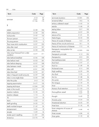 338       Index


  term                            code       Page     term                                code      Page

                                     2.1.8      81   terminate lactation                  4.2.281     226
 syncope                           2.3.27       90
                                  3.1.166      174   terrestrial effect                     1.8.6      76

                                                     tertiary collateral vessel            1.4.42      34
 t
                                                     testicle                              1.5.68      39

 tablet                            6.2.38      266   testing labor                          3.3.7     185

 tablet preparation                6.2.38      266   tetanus                               3.2.97     184

 tachycardia                       2.4.32      103   texture of fur                        2.1.81      85

 Tai-eum person                    0.0.37       12   thelorrhagia                          3.2.42     180

 Tai-yang person                   0.0.35       12   theory of causes of disease            1.6.2      39

 Taiyi moxa stick moxibustion      5.2.27      253   theory of five circuits and six qi     1.8.1      76

 take after meal                   6.2.54      267   theory of mechanism of disease         1.7.2      46

 take as tea                       6.2.58      268   therapeutic manipulation for
                                                                                          4.2.325     230
                                                     sinew injury
 take away firewood from under
                                   4.2.77      211   therapeutic principle                  4.1.0     204
 cauldron
 take before breakfast             6.2.56      268   therapeutics                           4.0.0     204

 take before meal                  6.2.53      267   thermesthesiometer                   5.1.212     249

 take before sleeping              6.2.57      268   thick fluid                           1.2.47      21

 take between meals                6.2.55      267   thick fur                             2.1.89      86

 take cold                         6.2.61      268   thickened sinew                        3.7.5     202

 take drenched                     6.2.52      267   thigh swelling                        3.2.99     184

 take in frequent small amounts    6.2.59      268   thin fluid                            1.2.46      21

 take in one single dose           6.2.60      268   thin fur                              2.1.88      86

 take the pulse                     2.4.3      101   thin pulse                            2.4.34     103

 tapping examination               2.4.77      105   thin tongue                           2.1.59      84

 tapping technique                4.2.346      232   thirst                               2.3.116      95

 taste in the mouth               2.3.119       95   thoracic fluid retention             3.1.153     173
                                                                                           1.3.57      26
 taxation malaria                  3.1.20      163   thoroughfare vessel                   1.4.27      33
 taxation relapse                  1.7.10       46                                                     26
                                                     thought                               1.6.69
                                                                                                       44
 TE                                1.4.19       32

 tears                             1.2.52       21   thready pulse                         2.4.34     103

 teeth grinding                    3.4.32      191   threatened abortion                   3.3.35     187

 teeth-marked tongue               2.1.62       84   three bars                            2.1.35      82

 temperament                       1.8.35       78   three categories of causes of
                                                                                           1.6.86      45
                                                     disease
 temple                            1.5.29       36
                                                     three causes                          1.6.86      45
 tender point needling            5.1.227      250
                                                     three gates                           2.1.35      82
 tenesmus                         2.3.176       99
 