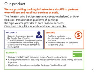 The Amazon Web Services (storage, compute platform) or Uber
(logistics, transportation platform) of banking:  
the high-volume provider of core financial services.
Over time this will include white labeled services like:
PAYMENTS
• Cash payments through companies like ZenPayroll, LendingHome.
• Card payments merchant acquiring through companies like Stripe, WePay, Balanced
Payments
• Card issuing through companies like Card.com, TrueLink Financial
Our product
ACCOUNTS
• Deposits through companies
like Simple, Bee, Zenefits
• Custodial accounts through companies
like WealthFront, Betterment, Sigfig
• Escrow accounts through companies
like Angellist
LENDING
• Real-time mortgage
decisioning for companies
like Trulia
• Warehouse facilities for companies
like Lending Club
$
We are providing banking infrastructure via API to partners
who will use and resell our services at scale.
41
 