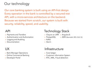 Our core banking system is built using an API-first design.
Every operation in the bank is controlled by a secured rest
API, with a micro-services architecture on the backend.
Because we started from scratch, our system is built with
security, reliability, speed, and usability.
Our technology
▪ Payments and Transfers
▪ Authentication and Authorization
▪ Logging and Auditing
▪ Documentation
API
▪ Bank Manager Operations
▪ Online Commercial Banking
▪ Developer Portal
UX Infrastructure
▪ Core ledger
▪ Customer information System
▪ KYC, AML, Fraud detection
Technology Stack
▪ Clojure on JVM
▪ PostgreSQL
▪ Kafka
▪ Storm
46
▪ AngularJS
▪ AWS (Beanstalk, RDS, ELB, S3)
 
