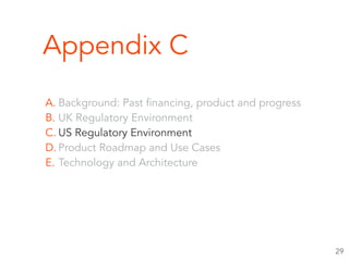 Appendix C
A. Background: Past financing, product and progress
B. UK Regulatory Environment
C. US Regulatory Environment
D. Product Roadmap and Use Cases
E. Technology and Architecture
29
 