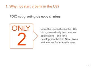 FDIC not granting de novo charters:
Since the financial crisis the FDIC
has approved only two de novo
applications – one for a
development bank in New Haven
and another for an Amish bank.
ONLY
2
1. Why not start a bank in the US?
31
 
