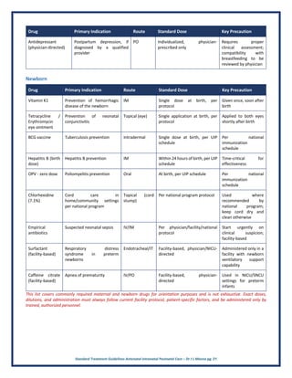 Standard Treatment Guidelines Antenatal Intranatal Postnatal Care – Dr J L Meena pg. 21
Drug Primary Indication Route Standard Dose Key Precaution
Antidepressant
(physician-directed)
Postpartum depression, if
diagnosed by a qualified
provider
PO Individualized, physician-
prescribed only
Requires proper
clinical assessment;
compatibility with
breastfeeding to be
reviewed by physician
Newborn
Drug Primary Indication Route Standard Dose Key Precaution
Vitamin K1 Prevention of hemorrhagic
disease of the newborn
IM Single dose at birth, per
protocol
Given once, soon after
birth
Tetracycline /
Erythromycin
eye ointment
Prevention of neonatal
conjunctivitis
Topical (eye) Single application at birth, per
protocol
Applied to both eyes
shortly after birth
BCG vaccine Tuberculosis prevention Intradermal Single dose at birth, per UIP
schedule
Per national
immunization
schedule
Hepatitis B (birth
dose)
Hepatitis B prevention IM Within 24 hours of birth, per UIP
schedule
Time-critical for
effectiveness
OPV - zero dose Poliomyelitis prevention Oral At birth, per UIP schedule Per national
immunization
schedule
Chlorhexidine
(7.1%)
Cord care in
home/community settings
per national program
Topical (cord
stump)
Per national program protocol Used where
recommended by
national program;
keep cord dry and
clean otherwise
Empirical
antibiotics
Suspected neonatal sepsis IV/IM Per physician/facility/national
protocol
Start urgently on
clinical suspicion;
facility-based
Surfactant
(facility-based)
Respiratory distress
syndrome in preterm
newborns
Endotracheal/IT Facility-based, physician/NICU-
directed
Administered only in a
facility with newborn
ventilatory support
capability
Caffeine citrate
(facility-based)
Apnea of prematurity IV/PO Facility-based, physician-
directed
Used in NICU/SNCU
settings for preterm
infants
This list covers commonly required maternal and newborn drugs for orientation purposes and is not exhaustive. Exact doses,
dilutions, and administration must always follow current facility protocol, patient-specific factors, and be administered only by
trained, authorized personnel.
 