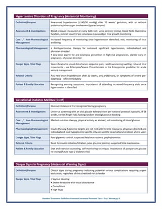 Standard Treatment Guidelines Antenatal Intranatal Postnatal Care – Dr J L Meena pg. 8
Hypertensive Disorders of Pregnancy (Antenatal Monitoring)
Definition/Purpose New-onset hypertension (≥140/90 mmHg) after 20 weeks' gestation, with or without
proteinuria/other organ involvement (pre-eclampsia)
Assessment & Investigations Blood pressure measured at every ANC visit; urine protein testing; blood tests (liver/renal
function, platelet count) if pre-eclampsia is suspected; fetal growth monitoring
Care / Non-Pharmacological
Management
Increased frequency of monitoring once hypertension identified; rest; monitoring of fetal
wellbeing
Pharmacological Management • Antihypertensive therapy for sustained significant hypertension, individualized and
physician-directed
• Low-dose aspirin for pre-eclampsia prevention in high-risk pregnancies, started early in
pregnancy, physician-directed
Danger Signs / Red Flags Severe headache, visual disturbance, epigastric pain, rapidly worsening swelling, reduced fetal
movements - see Eclampsia/Severe Pre-eclampsia in the Emergencies guideline for acute
seizure management
Referral Criteria Any new-onset hypertension after 20 weeks, any proteinuria, or symptoms of severe pre-
eclampsia - refer immediately
Patient & Family Education Recognizing warning symptoms, importance of attending increased-frequency visits once
hypertension is identified
Gestational Diabetes Mellitus (GDM)
Definition/Purpose Glucose intolerance first recognized during pregnancy
Assessment & Investigations Universal screening with an oral glucose tolerance test per national protocol (typically 24-28
weeks, earlier if high-risk); fasting/random blood glucose at booking
Care / Non-Pharmacological
Management
Medical nutrition therapy, physical activity as advised, self-monitoring of blood glucose
Pharmacological Management Insulin therapy if glycemic targets are not met with lifestyle measures, physician-directed and
individualized; oral hypoglycemic agents only per specific local/national protocol where used
Danger Signs / Red Flags Poor glycemic control, suspected fetal macrosomia, polyhydramnios
Referral Criteria Need for insulin initiation/titration, poor glycemic control, suspected fetal macrosomia
Patient & Family Education Diet and exercise counseling, self-monitoring technique, importance of postpartum glucose
re-testing (future type 2 diabetes risk)
Danger Signs in Pregnancy (Antenatal Warning Signs)
Definition/Purpose Clinical signs during pregnancy indicating potential serious complications requiring urgent
evaluation, regardless of the scheduled visit calendar
Danger Signs / Red Flags • Vaginal bleeding
• Severe headache with visual disturbance
• Convulsions
• High fever
 