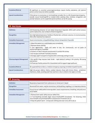 Standard Treatment Guidelines Common Medical Emergencies – Dr J L Meena pg. 15
Escalation/Referral All significant or uncertain poisonings/overdoses require facility evaluation; call national
poison control resources where available
Special Considerations If the person is unconscious or not breathing normally, this is a life-threatening emergency -
provide rescue breathing/CPR as needed while awaiting help; overdose recognition and
prompt naloxone use for suspected opioid overdose can be life-saving
⚠ Heat Stroke
Definition Life-threatening elevation of core body temperature (typically >40°C) with central nervous
system dysfunction, due to failure of thermoregulation
Recognition Very high body temperature, hot/dry or flushed skin, confusion, seizures, or unconsciousness;
often after heat/exertion exposure
Immediate Assessment Assess consciousness, airway/breathing, measure temperature if possible
Immediate Management 1. Move the patient to a cool/shaded area immediately
2. Remove excess clothing
3. Cool aggressively - apply cool water to skin, fan continuously, use ice packs at
neck/armpits/groin if available
4. Position on side if reduced consciousness to protect the airway
5. Do not give oral fluids if not fully conscious
6. Arrange urgent transport to hospital while continuing cooling en route
Pharmacological Management • No specific drug reverses heat stroke - rapid physical cooling is the priority, life-saving
intervention
• IV fluids per facility protocol for resuscitation and to support organ perfusion
Escalation/Referral All suspected heat stroke is a medical emergency requiring immediate hospital transfer
Special Considerations High-risk groups: elderly, infants, outdoor laborers, those with chronic illness - prevention
(hydration, shade, avoiding peak-heat exertion) is key in endemic hot regions of India
⚠ Drowning
Definition Respiratory impairment from submersion or immersion in liquid
Recognition Recovered from water, may be unconscious, not breathing, coughing, or in respiratory distress
Immediate Assessment Ensure rescuer safety before entering water; assess responsiveness, breathing, and pulse once
out of water
Immediate Management 1. Remove from water safely (rescuer safety first)
2. If not breathing normally: begin rescue breaths/CPR immediately - for drowning, initial
rescue breaths are prioritized before compressions if trained to do so
3. Keep the patient warm - remove wet clothing and cover once safe to do so
 