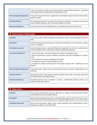 Standard Treatment Guidelines Common Medical Emergencies – Dr J L Meena pg. 16
4. Even if the patient recovers consciousness quickly, arrange medical evaluation - secondary
drowning/pulmonary complications can develop hours later
Pharmacological Management • No specific drug for drowning - oxygenation and ventilation support are the priority, facility-
based as needed
Escalation/Referral All drowning episodes with any period of submersion, symptoms, or reduced consciousness
require hospital evaluation, even if the patient appears to recover
Special Considerations Cervical spine precautions if diving/trauma is suspected as the cause of submersion
⚠ Electric Shock / Electrocution
Definition Tissue injury and/or cardiac disturbance resulting from electric current passing through the
body
Recognition History of contact with electrical source; may have entry/exit burns, unconsciousness, cardiac
arrest, or arrhythmia
Immediate Assessment Ensure the power source is switched off/patient is separated from the source safely (do not
touch the patient if still in contact with a live source) before approaching
Immediate Management 1. Ensure scene safety - disconnect power source before touching the patient
2. Assess responsiveness, airway, breathing, and pulse; start CPR immediately if in cardiac
arrest
3. Treat visible burns per burn management principles
4. Immobilize the spine if a fall from height occurred
5. Transport for cardiac monitoring even if the patient appears well - arrhythmias can be
delayed
Pharmacological Management • No specific drug - address cardiac arrest per ACLS protocol if present; supportive/burn care
otherwise
Escalation/Referral All significant electric shock requires hospital evaluation and cardiac monitoring, particularly
after high-voltage or prolonged contact
Special Considerations Household electrical injury in children is common - childproofing electrical outlets is an
important preventive measure
⚠ Major Burns
Definition Tissue injury caused by heat, chemicals, electricity, or radiation; severity assessed by depth
and total body surface area (TBSA) involved
Recognition Redness/blistering (partial thickness) to charred/leathery, painless skin (full thickness); assess
airway involvement if facial/inhalation burns suspected (singed nasal hair, soot, hoarse voice)
Immediate Assessment Stop the burning process safely; assess airway (especially with facial/inhalation burns),
breathing, circulation, and estimate TBSA
 