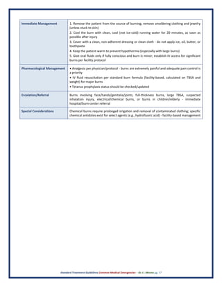 Standard Treatment Guidelines Common Medical Emergencies – Dr J L Meena pg. 17
Immediate Management 1. Remove the patient from the source of burning; remove smoldering clothing and jewelry
(unless stuck to skin)
2. Cool the burn with clean, cool (not ice-cold) running water for 20 minutes, as soon as
possible after injury
3. Cover with a clean, non-adherent dressing or clean cloth - do not apply ice, oil, butter, or
toothpaste
4. Keep the patient warm to prevent hypothermia (especially with large burns)
5. Give oral fluids only if fully conscious and burn is minor; establish IV access for significant
burns per facility protocol
Pharmacological Management • Analgesia per physician/protocol - burns are extremely painful and adequate pain control is
a priority
• IV fluid resuscitation per standard burn formula (facility-based, calculated on TBSA and
weight) for major burns
• Tetanus prophylaxis status should be checked/updated
Escalation/Referral Burns involving face/hands/genitalia/joints, full-thickness burns, large TBSA, suspected
inhalation injury, electrical/chemical burns, or burns in children/elderly - immediate
hospital/burn-center referral
Special Considerations Chemical burns require prolonged irrigation and removal of contaminated clothing; specific
chemical antidotes exist for select agents (e.g., hydrofluoric acid) - facility-based management
 