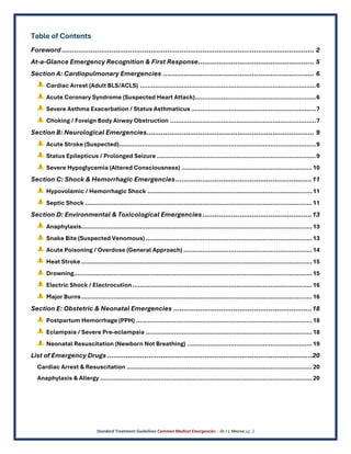 Standard Treatment Guidelines Common Medical Emergencies – Dr J L Meena pg. 3
Table of Contents
Foreword .......................................................................................................................... 2
At-a-Glance Emergency Recognition & First Response........................................................ 5
Section A: Cardiopulmonary Emergencies ......................................................................... 6
⚠ Cardiac Arrest (Adult BLS/ACLS) .............................................................................................6
⚠ Acute Coronary Syndrome (Suspected Heart Attack)................................................................6
⚠ Severe Asthma Exacerbation / Status Asthmaticus ..................................................................7
⚠ Choking / Foreign Body Airway Obstruction .............................................................................7
Section B: Neurological Emergencies................................................................................. 9
⚠ Acute Stroke (Suspected)........................................................................................................9
⚠ Status Epilepticus / Prolonged Seizure ....................................................................................9
⚠ Severe Hypoglycemia (Altered Consciousness) .....................................................................10
Section C: Shock & Hemorrhagic Emergencies..................................................................11
⚠ Hypovolemic / Hemorrhagic Shock .......................................................................................11
⚠ Septic Shock ........................................................................................................................11
Section D: Environmental & Toxicological Emergencies.....................................................13
⚠ Anaphylaxis..........................................................................................................................13
⚠ Snake Bite (Suspected Venomous) ........................................................................................13
⚠ Acute Poisoning / Overdose (General Approach) ....................................................................14
⚠ Heat Stroke ..........................................................................................................................15
⚠ Drowning..............................................................................................................................15
⚠ Electric Shock / Electrocution...............................................................................................16
⚠ Major Burns..........................................................................................................................16
Section E: Obstetric & Neonatal Emergencies ...................................................................18
⚠ Postpartum Hemorrhage (PPH) .............................................................................................18
⚠ Eclampsia / Severe Pre-eclampsia ........................................................................................18
⚠ Neonatal Resuscitation (Newborn Not Breathing) ..................................................................19
List of Emergency Drugs ...................................................................................................20
Cardiac Arrest & Resuscitation ..................................................................................................20
Anaphylaxis & Allergy ................................................................................................................20
 