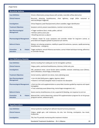 [Type here]
Standards Treatment Guidelines - Dr J L Meena 19
Bronchial Asthma
Case Definition Chronic inflammatory airway disease with variable, reversible airflow obstruction
Clinical Features Recurrent wheezing, breathlessness, chest tightness, cough (often nocturnal or
exercise/allergen-triggered)
Investigations Clinical diagnosis; peak flow/spirometry where available; trigger identification
Treatment Objectives Symptom control, prevent exacerbations, maintain normal activity
Non-Pharmacological
Management
• Trigger avoidance (dust, smoke, pollen, cold air)
• Written asthma action plan
• Breathing exercises as adjunct
Pharmacological Management • Reliever inhaler for acute symptoms and controller inhaler for long-term control, as
prescribed and stepped up/down by physician per severity
Referral Criteria Reliever not relieving symptoms, inability to speak full sentences, cyanosis, rapidly worsening
breathlessness - emergency
Prevention & Patient
Education
Trigger avoidance, annual influenza vaccination, correct inhaler technique training, adherence
to controller therapy
Iron-Deficiency Anemia
Case Definition Anemia resulting from inadequate iron for hemoglobin synthesis
Clinical Features Fatigue, pallor, exertional breathlessness, dizziness, brittle nails, pica
Investigations CBC, peripheral smear, serum ferritin where available; evaluate underlying cause (dietary,
worm infestation, menorrhagia, GI blood loss)
Treatment Objectives Correct anemia, replenish iron stores, treat underlying cause
Non-Pharmacological
Management
• Iron-rich diet (leafy greens, jaggery, legumes, dates)
• Vitamin C-rich foods alongside meals to improve iron absorption
Pharmacological Management • Oral iron-folic acid supplementation as prescribed, duration guided by response and repeat
hemoglobin
• Treat underlying cause (deworming, menorrhagia management, etc.)
Referral Criteria Severe anemia, breathlessness at rest, suspected GI bleeding, non-response to oral iron
Prevention & Patient
Education
Balanced diet, routine deworming, national IFA supplementation programs for at-risk groups
(pregnant women, adolescent girls)
Hypothyroidism
Case Definition Clinical syndrome resulting from deficient thyroid hormone production
Clinical Features Fatigue, weight gain, cold intolerance, dry skin, hair thinning, constipation, low mood,
bradycardia
Investigations TSH, free T4; periodic monitoring after treatment initiation
 