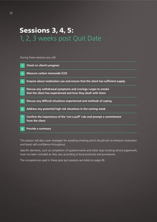 32
During these sessions you will:
Check on client’s progress
Measure carbon monoxide (CO)
Enquire about medication use and ensure that the client has sufficient supply
Discuss any withdrawal symptoms and cravings /urges to smoke
that the client has experienced and how they dealt with them
Discuss any difficult situations experienced and methods of coping
Address any potential high risk situations in the coming week
Confirm the importance of the ‘not a puff’ rule and prompt a commitment
from the client
Provide a summary
This session will also cover strategies for avoiding smoking and it should aim to enhance motivation
and boost self-confidence throughout.
Specific elements, such as completion of questionnaires and other stop smoking service paperwork,
have not been included as they vary according to local protocols and procedures.
The competences used in these post quit sessions are listed on page 49.
1
2
3
4
5
6
7
8
Sessions 3, 4, 5:
1, 2, 3 weeks post Quit Date
 