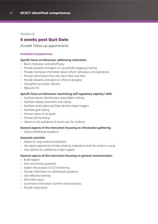 50 NCSCT identified competences
Session 6:
4 weeks post Quit Date
(4-week follow-up appointment)
Included competences
Specific focus on behaviour addressing motivation
– Boost motivation and self-efficacy
– Provide rewards contingent on successfully stopping smoking
– Provide normative information about others’ behaviour and experiences
– Prompt commitment from the client there and then
– Provide rewards contingent on effort or progress
– Strengthen ex-smoker identity
– Measure CO
Specific focus on behaviour maximising self-regulatory capacity / skills
– Facilitate barrier identification and problem solving
– Facilitate relapse prevention and coping
– Facilitate action planning /help identify relapse triggers
– Facilitate goal setting
– Prompt review of set goals
– Prompt self-recording
– Advise on the avoidance of social cues for smoking
General aspects of the interaction focusing on information gathering
– Assess withdrawal symptoms
Associate activities
– Advise on stop-smoking medication
– Ask about experiences of stop smoking medications that the smoker is using
– Give options for additional or later support
General aspects of the interaction focusing on general communication
– Build rapport
– Elicit and answer questions
– Explain the purpose of CO monitoring
– Provide information on withdrawal symptoms
– Use reflective listening
– Elicit client views
– Summarise information /confirm client decisions
– Provide reassurance
 