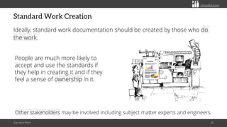 citoolkit.com
Standard Work Creation
Ideally, standard work documentation should be created by those who do
the work.
Standard Work 28
People are much more likely to
accept and use the standards if
they help in creating it and if they
feel a sense of ownership in it.
Other stakeholders may be involved including subject matter experts and engineers.
 