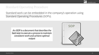 citoolkit.com
Standard Operating Procedure
Standard work can be embedded in the company’s operation using
Standard Operating Procedures (SOPs).
Standard Work 32
SOP
An SOP is a document that describes the
best way to execute a process to maintain
consistent work and achieve optimal
output
 