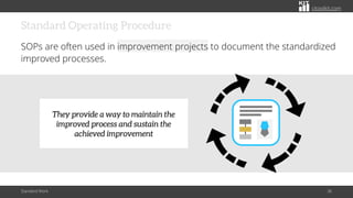 citoolkit.com
Standard Operating Procedure
SOPs are often used in improvement projects to document the standardized
improved processes.
Standard Work 36
They provide a way to maintain the
improved process and sustain the
achieved improvement
 
