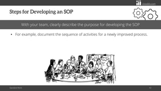 citoolkit.com
Steps for Developing an SOP
Standard Work 42
With your team, clearly describe the purpose for developing the SOP
• For example, document the sequence of activities for a newly improved process.
 