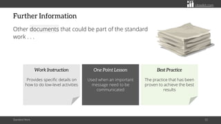 citoolkit.com
Further Information
Other documents that could be part of the standard
work . . .
Standard Work 52
Work Instruction
Provides specific details on
how to do low-level activities
One Point Lesson
Used when an important
message need to be
communicated
Best Practice
The practice that has been
proven to achieve the best
results
 