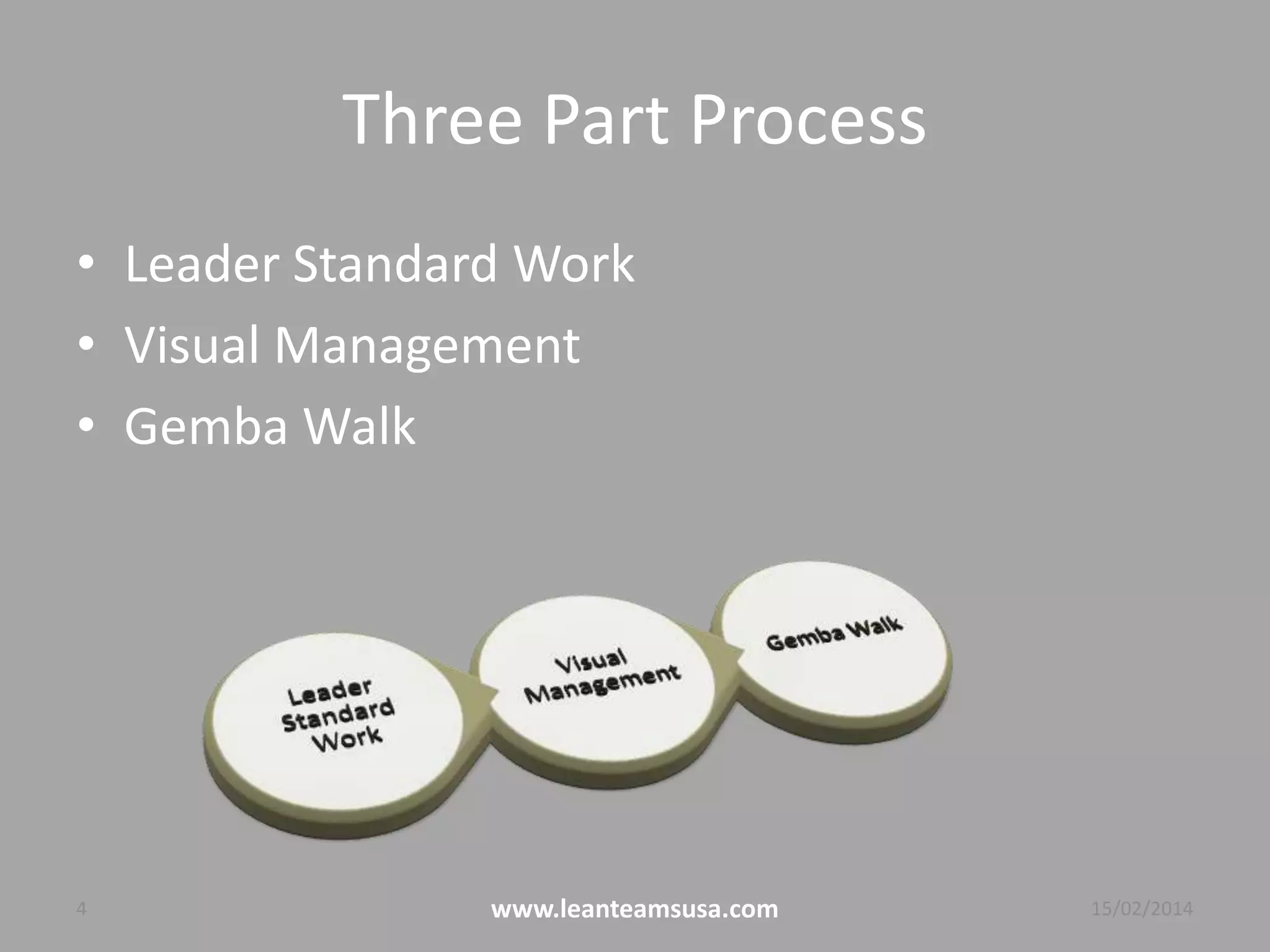 Three Part Process
• Leader Standard Work
• Visual Management
• Gemba Walk
4 www.leanteamsusa.com 04/08/2014
 