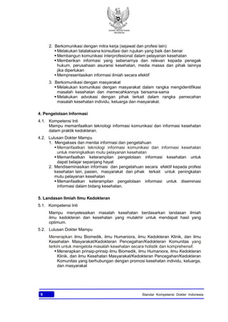 KONSIL KEDOKTERAN
INDONESIA
9 Standar Kompetensi Dokter Indonesia
2. Berkomunikasi dengan mitra kerja (sejawat dan profesi lain)
§ Melakukan tatalaksana konsultasi dan rujukan yang baik dan benar
§ Membangun komunikasi interprofesional dalam pelayanan kesehatan
§ Memberikan informasi yang sebenarnya dan relevan kepada penegak
hukum, perusahaan asuransi kesehatan, media massa dan pihak lainnya
jika diperlukan
§ Mempresentasikan informasi ilmiah secara efektif
3. Berkomunikasi dengan masyarakat
§ Melakukan komunikasi dengan masyarakat dalam rangka mengidentifikasi
masalah kesehatan dan memecahkannya bersama-sama
§ Melakukan advokasi dengan pihak terkait dalam rangka pemecahan
masalah kesehatan individu, keluarga dan masyarakat.
4. Pengelolaan Informasi
4.1. Kompetensi Inti
Mampu memanfaatkan teknologi informasi komunikasi dan informasi kesehatan
dalam praktik kedokteran.
4.2. Lulusan Dokter Mampu
1. Mengakses dan menilai informasi dan pengetahuan
§ Memanfaatkan teknologi informasi komunikasi dan informasi kesehatan
untuk meningkatkan mutu pelayanan kesehatan
§ Memanfaatkan keterampilan pengelolaan informasi kesehatan untuk
dapat belajar sepanjang hayat
2. Mendiseminasikan informasi dan pengetahuan secara efektif kepada profesi
kesehatan lain, pasien, masyarakat dan pihak terkait untuk peningkatan
mutu pelayanan kesehatan
§ Memanfaatkan keterampilan pengelolaan informasi untuk diseminasi
informasi dalam bidang kesehatan.
5. Landasan Ilmiah Ilmu Kedokteran
5.1. Kompetensi Inti
Mampu menyelesaikan masalah kesehatan berdasarkan landasan ilmiah
ilmu kedokteran dan kesehatan yang mutakhir untuk mendapat hasil yang
optimum.
5.2. Lulusan Dokter Mampu
Menerapkan ilmu Biomedik, ilmu Humaniora, ilmu Kedokteran Klinik, dan ilmu
Kesehatan Masyarakat/Kedokteran Pencegahan/Kedokteran Komunitas yang
terkini untuk mengelola masalah kesehatan secara holistik dan komprehensif.
§ Menerapkan prinsip-prinsip ilmu Biomedik, ilmu Humaniora, ilmu Kedokteran
Klinik, dan ilmu Kesehatan Masyarakat/Kedokteran Pencegahan/Kedokteran
Komunitas yang berhubungan dengan promosi kesehatan individu, keluarga,
dan masyarakat
 