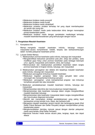 KONSIL KEDOKTERAN
INDONESIA
11 Standar Kompetensi Dokter Indonesia
§ Melakukan tindakan medis preventif
§ Melakukan tindakan medis kuratif
§ Melakukan tindakan medis rehabilitatif
§ Melakukan prosedur proteksi terhadap hal yang dapat membahayakan
diri sendiri dan orang lain
§ Melakukan tindakan medis pada kedaruratan klinis dengan menerapkan
prinsip keselamatan pasien
§ Melakukan tindakan medis dengan pendekatan medikolegal terhadap
masalah kesehatan/kecederaan yang berhubungan dengan hukum
7. Pengelolaan Masalah Kesehatan
7.1. Kompetensi Inti
Mampu mengelola masalah kesehatan individu, keluarga maupun
masyarakat secara komprehensif, holistik, terpadu dan berkesinambungan
dalam konteks pelayanan kesehatan primer.
7.2. Lulusan Dokter Mampu
1. Melaksanakan promosi kesehatan pada individu, keluarga dan masyarakat
§ Mengidentifikasi kebutuhan perubahan pola pikir, sikap dan perilaku, serta
modifikasi gaya hidup untuk promosi kesehatan pada berbagai kelompok
umur, agama, masyarakat, jenis kelamin, etnis, dan budaya
§ Merencanakan dan melaksanakan pendidikan kesehatan dalam rangka
promosi kesehatan di tingkat individu, keluarga, dan masyarakat
2. Melaksanakan pencegahan dan deteksi dini terjadinya masalah kesehatan
pada individu, keluarga dan masyarakat
§ Melakukan pencegahan timbulnya masalah kesehatan
§ Melakukan kegiatan penapisan faktor risiko penyakit laten untuk
mencegah dan memperlambat timbulnya penyakit
§ Melakukan pencegahan untuk memperlambat progresi dan timbulnya
komplikasi penyakit dan atau kecacatan
3. Melakukan penatalaksanaan masalah kesehatan individu, keluarga dan
masyarakat
§ Menginterpretasi data klinis dan merumuskannya menjadi diagnosis
§ Menginterpretasi data kesehatan keluarga dalam rangka mengidentifikasi
masalah kesehatan keluarga
§ Menginterpretasi data kesehatan masyarakat dalam rangka mengidentifikasi
dan merumuskan diagnosis komunitas
§ Memilih dan menerapkan strategi penatalaksanaan yang paling tepat
berdasarkan prinsip kendali mutu, biaya, dan berbasis bukti
§ Mengelola masalah kesehatan secara mandiri dan bertanggung jawab (lihat
Daftar Pokok Bahasan dan Daftar Penyakit) dengan memperhatikan prinsip
keselamatan pasien
§ Mengkonsultasikan dan/atau merujuk sesuai dengan standar pelayanan
medis yang berlaku (lihat Daftar Penyakit)
§ Membuat instruksi medis tertulis secara jelas, lengkap, tepat, dan dapat
dibaca
 