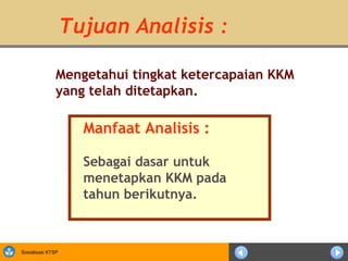 Tujuan Analisis :

               Mengetahui tingkat ketercapaian KKM
               yang telah ditetapkan.

                     Manfaat Analisis :

                     Sebagai dasar untuk
                     menetapkan KKM pada
                     tahun berikutnya.



Sosialisasi KTSP
 