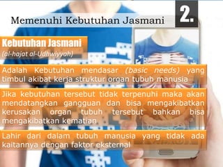 Memenuhi Kebutuhan Jasmani 2.
Kebutuhan Jasmani
(al-hajat al-Udhwiyyah)
Adalah Kebutuhan mendasar (basic needs) yang
timbul akibat kerja struktur organ tubuh manusia
Jika kebutuhan tersebut tidak terpenuhi maka akan
mendatangkan gangguan dan bisa mengakibatkan
kerusakan organ tubuh tersebut bahkan bisa
mengakibatkan kematian
Lahir dari dalam tubuh manusia yang tidak ada
kaitannya dengan faktor eksternal
 