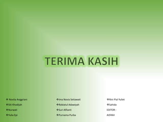  Novita Anggriani
Siti Khodijah
Nurwati
Yulia Epi
Ima Novia Setiawati
Robiatul Adawiyah
Suri Alfianti
Purnama Purba
Rini Pial Yuliet
Sahida
EDITOR :
AISYAH
 