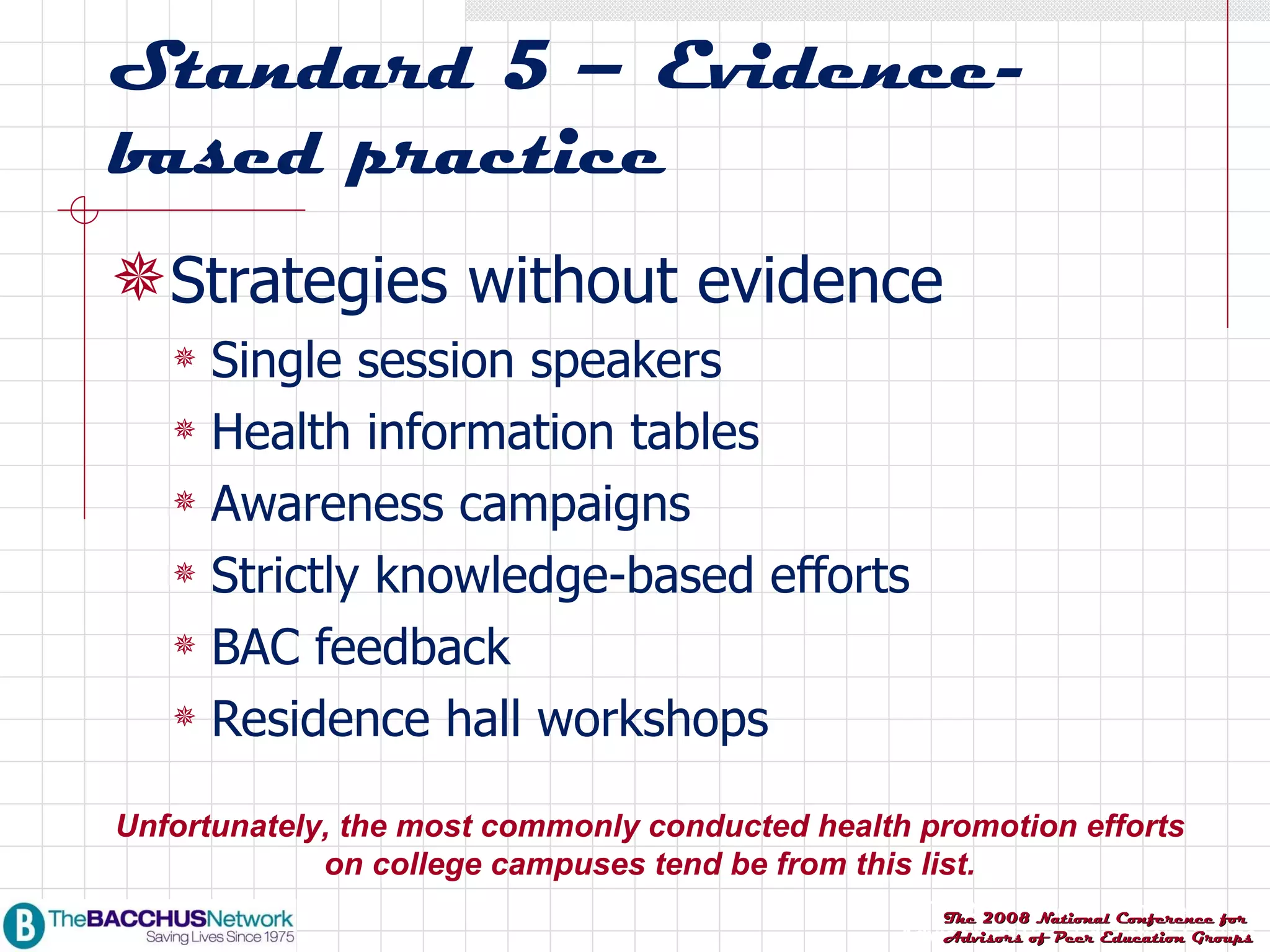 Standard 5 – Evidence-based practice Strategies without evidence Single session speakers Health information tables Awareness campaigns Strictly knowledge-based efforts BAC feedback Residence hall workshops Unfortunately, the most commonly conducted health promotion efforts on college campuses tend be from this list. 
