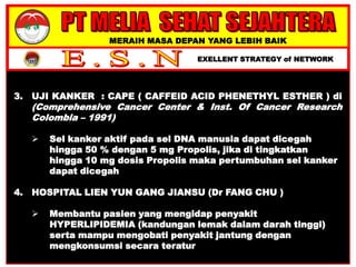 MERAIH MASA DEPAN YANG LEBIH BAIK
EXELLENT STRATEGY of NETWORK
3. UJI KANKER : CAPE ( CAFFEID ACID PHENETHYL ESTHER ) di
(Comprehensive Cancer Center & Inst. Of Cancer Research
Colombia – 1991)
 Sel kanker aktif pada sel DNA manusia dapat dicegah
hingga 50 % dengan 5 mg Propolis, jika di tingkatkan
hingga 10 mg dosis Propolis maka pertumbuhan sel kanker
dapat dicegah
4. HOSPITAL LIEN YUN GANG JIANSU (Dr FANG CHU )
 Membantu pasien yang mengidap penyakit
HYPERLIPIDEMIA (kandungan lemak dalam darah tinggi)
serta mampu mengobati penyakit jantung dengan
mengkonsumsi secara teratur
 