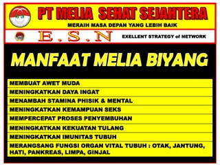 MERAIH MASA DEPAN YANG LEBIH BAIK
EXELLENT STRATEGY of NETWORK
MEMBUAT AWET MUDA
MENINGKATKAN DAYA INGAT
MENAMBAH STAMINA PHISIK & MENTAL
MENINGKATKAN KEMAMPUAN SEKS
MEMPERCEPAT PROSES PENYEMBUHAN
MENINGKATKAN KEKUATAN TULANG
MENINGKATKAN IMUNITAS TUBUH
MERANGSANG FUNGSI ORGAN VITAL TUBUH : OTAK, JANTUNG,
HATI, PANKREAS, LIMPA, GINJAL
 