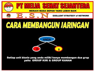 MERAIH MASA DEPAN YANG LEBIH BAIK
EXELLENT STRATEGY of NETWORK
ANDA
BA
Setiap unit bisnis yang anda miliki hanya membangun dua grup
yaitu GROUP KIRI & GROUP KANAN
 