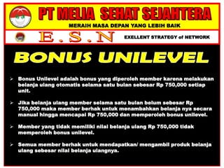 MERAIH MASA DEPAN YANG LEBIH BAIK
EXELLENT STRATEGY of NETWORK
 Bonus Unilevel adalah bonus yang diperoleh member karena melakukan
belanja ulang otomatis selama satu bulan sebesar Rp 750,000 setiap
unit.
 Jika belanja ulang member selama satu bulan belum sebesar Rp
750,000 maka member berhak untuk menambahkan belanja nya secara
manual hingga mencapai Rp 750,000 dan memperoleh bonus unilevel.
 Member yang tidak memiliki nilai belanja ulang Rp 750,000 tidak
memperoleh bonus unilevel.
 Semua member berhak untuk mendapatkan/ mengambil produk belanja
ulang sebesar nilai belanja ulangnya.
 