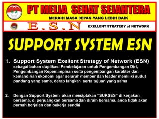 MERAIH MASA DEPAN YANG LEBIH BAIK
EXELLENT STRATEGY of NETWORK
1. Support System Exellent Strategy of Network (ESN)
sebagai bahan duplikasi Pembelajaran untuk Pengembangan Diri,
Pengembangan Kepemimpinan serta pengembangan karakter dan
kemandirian ekonomi agar seluruh member dan leader memiliki sudut
pandang yang sama, derap langkah serta tujuan yang sama
2. Dengan Support System akan menciptakan “SUKSES” di kerjakan
bersama, di perjuangkan bersama dan diraih bersama, anda tidak akan
pernah berjalan dan bekerja sendiri
 