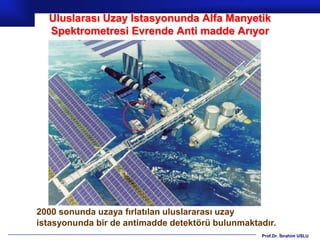 Uluslarası Uzay İstasyonunda Alfa Manyetik
  Spektrometresi Evrende Anti madde Arıyor




2000 sonunda uzaya fırlatılan uluslararası uzay
istasyonunda bir de antimadde detektörü bulunmaktadır.
                                                  Prof.Dr. İbrahim USLU
 
