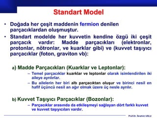 Standart Model
• Doğada her çeşit maddenin fermion denilen
  parçacıklardan oluşmuştur.
• Standart modelde her kuvvetin kendine özgü iki çeşit
  parçacık vardır: Madde parçacıkları (elektronlar,
  protonlar, nötronlar, ve kuarklar gibi) ve (kuvvet taşıyıcı
  parçacıklar (foton, graviton vb):

   a) Madde Parçacıkları (Kuarklar ve Leptonlar):
         – Temel parçacıklar kuarklar ve leptonlar olarak isimlendirilen iki
           aileye ayrılırlar.
         – Bu ailelerin her biri altı parçacıktan oluşur ve birinci nesil en
           hafif üçüncü nesil an ağır olmak üzere üç nesle ayrılır.


   b) Kuvvet Taşıyıcı Parçacıklar (Bozonlar):
         – Parçacıklar arasında da etkileşmeyi sağlayan dört farklı kuvvet
           ve kuvvet taşıyıcıları vardır.
                                                               Prof.Dr. İbrahim USLU
 