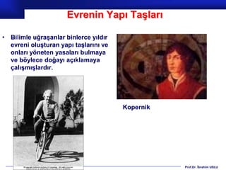 Evrenin Yapı Taşları

• Bilimle uğraşanlar binlerce yıldır
  evreni oluşturan yapı taşlarını ve
  onları yöneten yasaları bulmaya
  ve böylece doğayı açıklamaya
  çalışmışlardır.




                                       Kopernik




                                                  Prof.Dr. İbrahim USLU
 