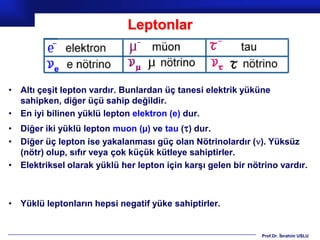 Leptonlar



• Altı çeşit lepton vardır. Bunlardan üç tanesi elektrik yüküne
  sahipken, diğer üçü sahip değildir.
• En iyi bilinen yüklü lepton elektron (e) dur.
• Diğer iki yüklü lepton muon (µ) ve tau () dur.
• Diğer üç lepton ise yakalanması güç olan Nötrinolardır (). Yüksüz
  (nötr) olup, sıfır veya çok küçük kütleye sahiptirler.
• Elektriksel olarak yüklü her lepton için karşı gelen bir nötrino vardır.



• Yüklü leptonların hepsi negatif yüke sahiptirler.


                                                              Prof.Dr. İbrahim USLU
 