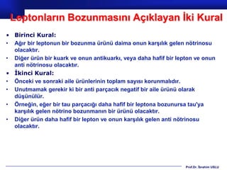 Leptonların Bozunmasını Açıklayan İki Kural
• Birinci Kural:
• Ağır bir leptonun bir bozunma ürünü daima onun karşılık gelen nötrinosu
  olacaktır.
• Diğer ürün bir kuark ve onun antikuarkı, veya daha hafif bir lepton ve onun
  anti nötrinosu olacaktır.
• İkinci Kural:
• Önceki ve sonraki aile ürünlerinin toplam sayısı korunmalıdır.
• Unutmamak gerekir ki bir anti parçacık negatif bir aile ürünü olarak
  düşünülür.
• Örneğin, eğer bir tau parçacığı daha hafif bir leptona bozunursa tau'ya
  karşılık gelen nötrino bozunmanın bir ürünü olacaktır.
• Diğer ürün daha hafif bir lepton ve onun karşılık gelen anti nötrinosu
  olacaktır.




                                                                  Prof.Dr. İbrahim USLU
 