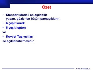 Özet
• Standart Modeli anlaşılabilir
   yapan, gözlenen bütün parçaçıkların:
• 6 çeşit kuark
• 6 çeşit lepton
ve...
• Kuvvet Taşıyıcıları
ile açıklanabilmesidir.




                                          Prof.Dr. İbrahim USLU
 